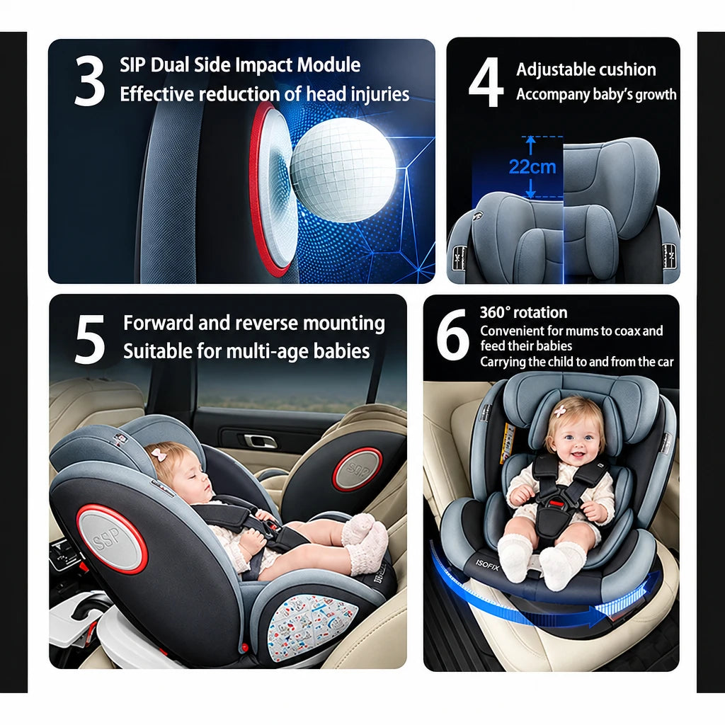 360° Swivel Baby Car Seat with Easy In-Out Rotation, ISOFIX, I-Size R129 Child Seat 40-150cm, 10-Position Headrest, 4 Recline Angles, Thick Padded Seat, Side Impact Protection, Rearward & Forward Facing for Infant, Toddler, and Kids
