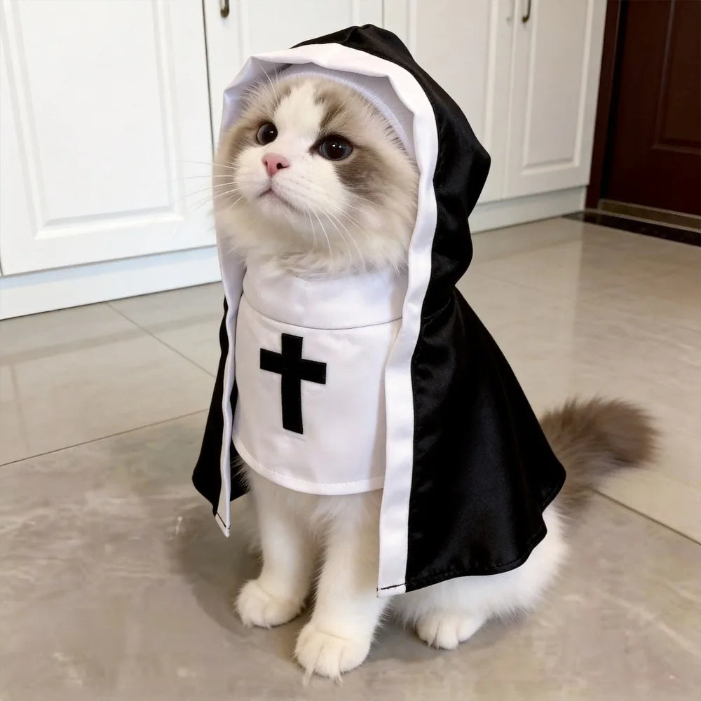 Halloween Cats Nun Costume Cross Print Kitty Clothes for Small Dogs Funny Cute Dress Up Party Pet Overalls Cat Accessories