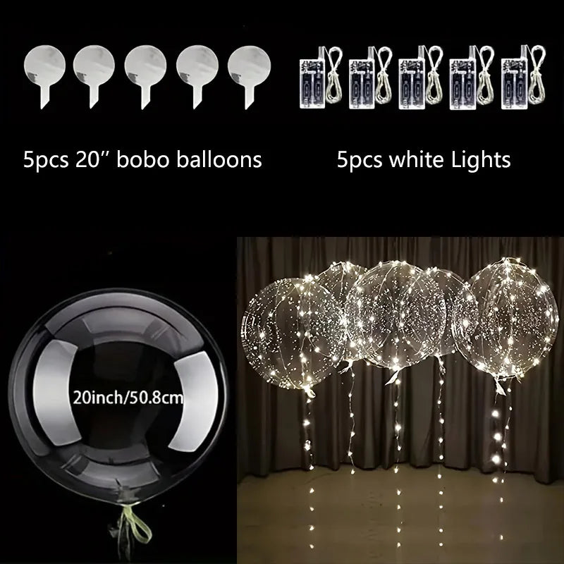 5sets Led Bobo Balloon Light up Glow Clear Balloons 20Inch Bobo Balloon with 3M String Lights Festival Table Centerpiece Decor