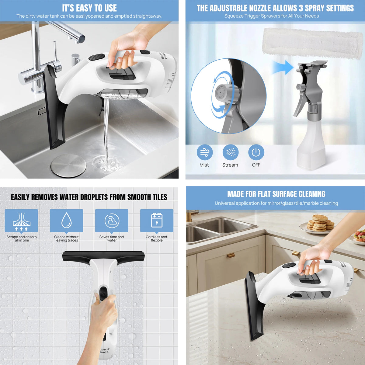Cordless Window Vac Rechargeable Vacuum Cleaner Compact Electric Glass Window Cleaner 2IN1, with 300ml Spray Bottle