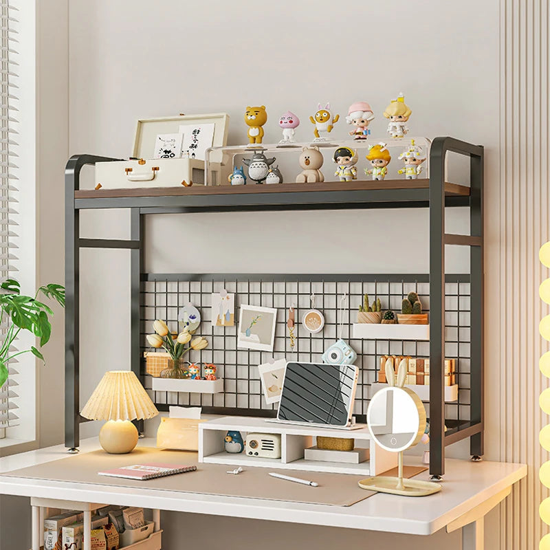 Bookcase With Grid Bookshelf Desktop Multi-layer Wrought Iron Shelf Student Computer Desk Table Hole Board Table Wooden Shelves