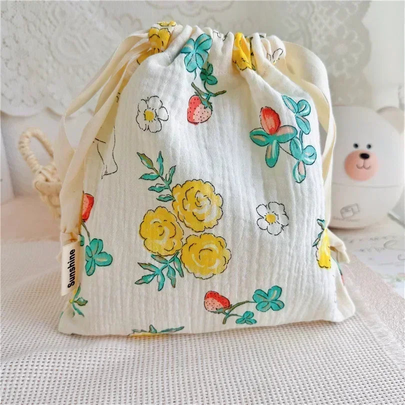 Printed Flower Mommy Bag Baby Diaper Bag Cotton Nappy String Pocket Stroller Carry Pack Travel Outdoor Diaper Storage Bag