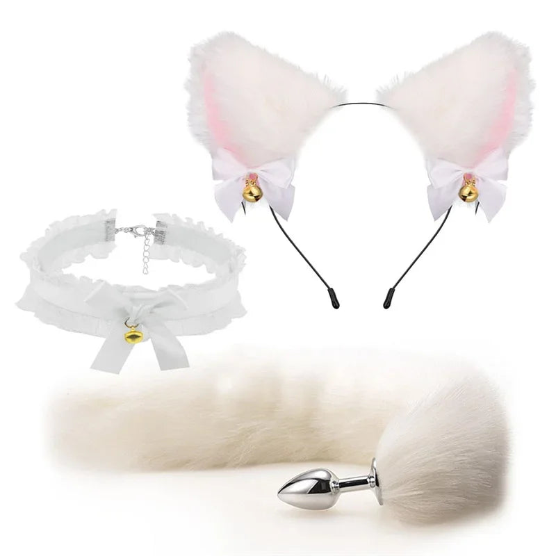 NEW 3pcs Halloween Party Cos Plush Animal Ear Animal Tail Suit Fox Ear Wolf Ear Headband Tail Accessories Cat Head Bell Collar