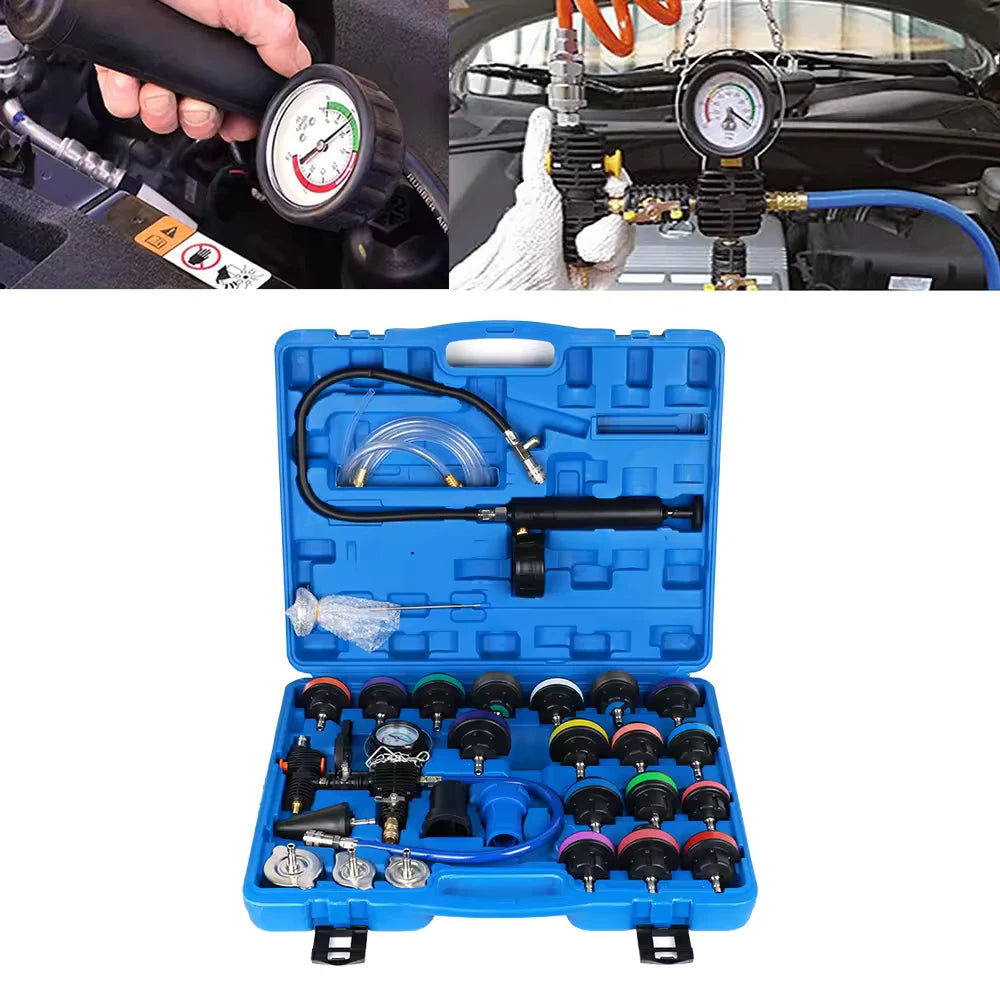 28PCS Radiator Coolant Pressure Tester Vacuum Refill Tool Kit, Universal Pneumatic Leak Test Purge Fill Set for Car Truck