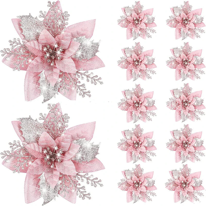 Glitter Pink Christmas Flowers Xmas Tree 14cm Artifical Flower Ornaments  Merry Christmas Decoration For Home New Year