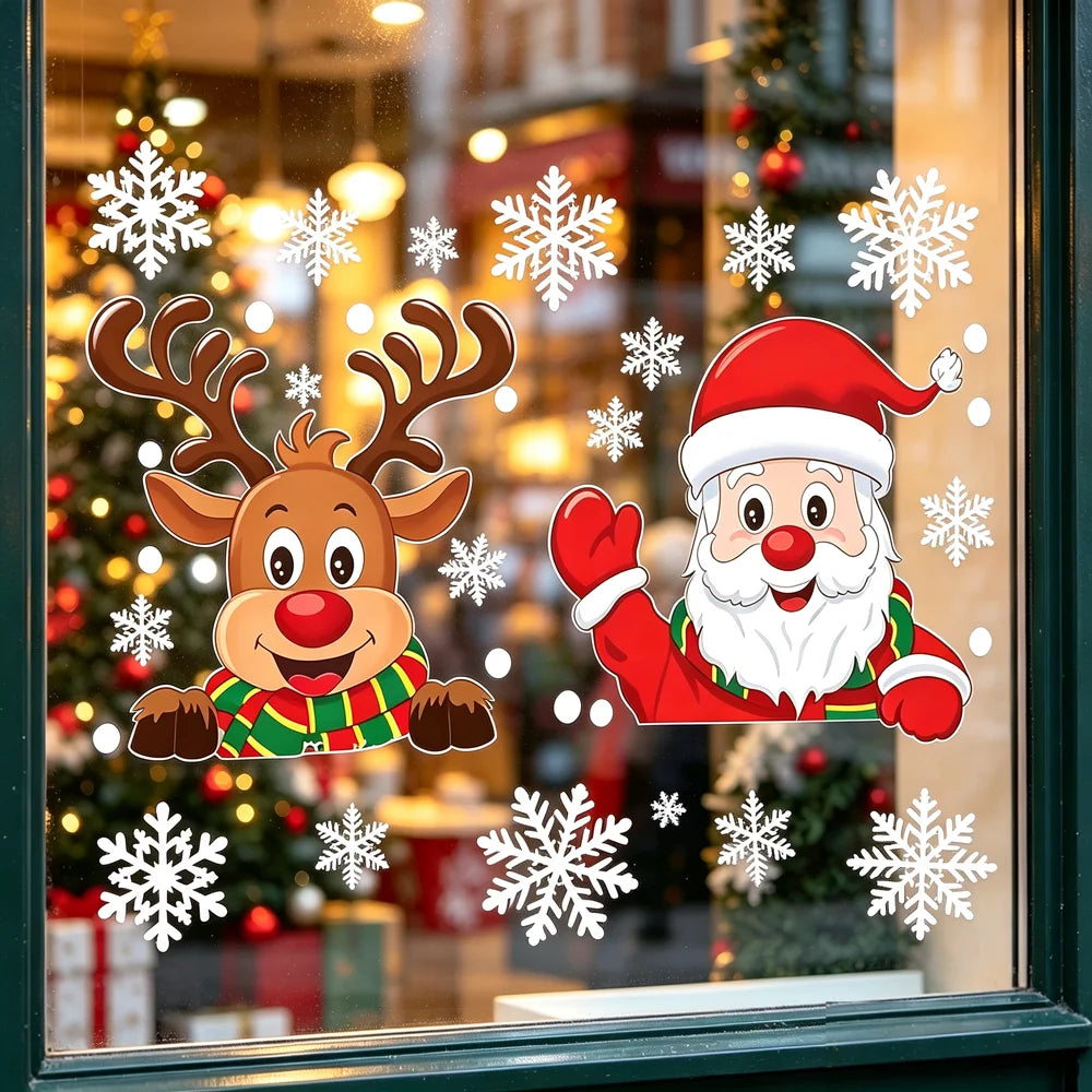 Christmas Window Stickers Santa Claus Reindeer Snowflake Static Window Clings Merry Christmas Glass Decals New Year Party Decors