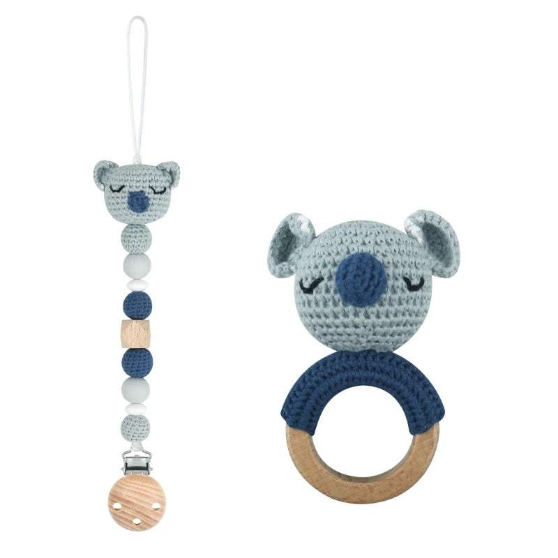 Crochet Koala Pacifier Clip, Handbell Rattle, Teether Doll, Pacifier Chain Clip Set, Cartoon Teething Toy