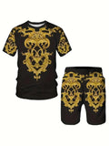 New Men's Two-Piece Plaid Print Fashion Men's Suit Summer O-Collar Short-Sleeved Polo Shirt + Shorts Two-Piece Men's Suit