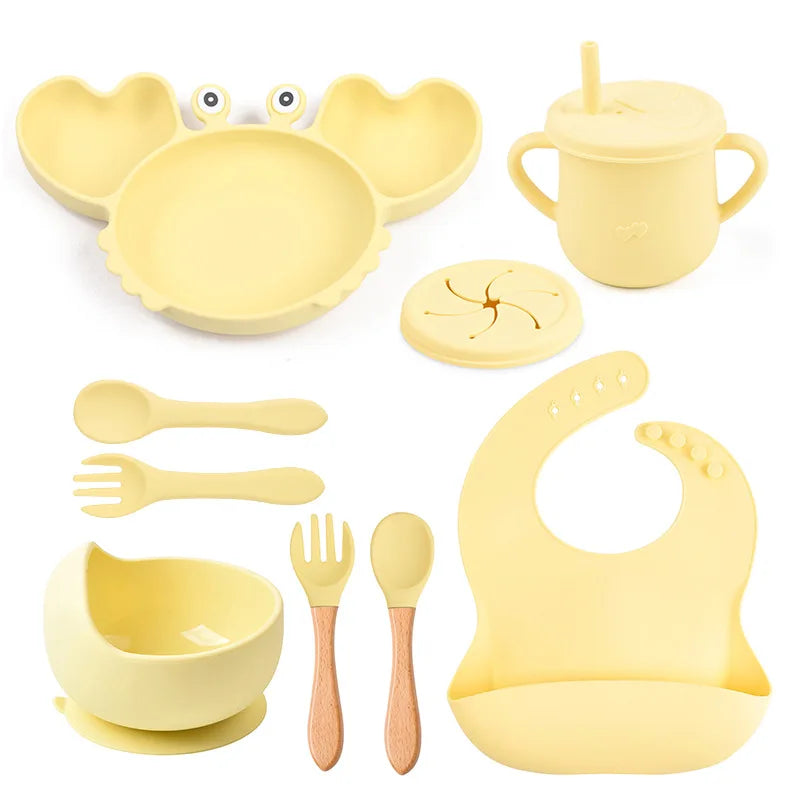 9Pcs Baby Silicone Non-Slip Suction Bowl Plate Spoon Waterproof Bib Cup Set, Baby Crab Dishes, Food Feeding Bowl for Kids, BPA Free