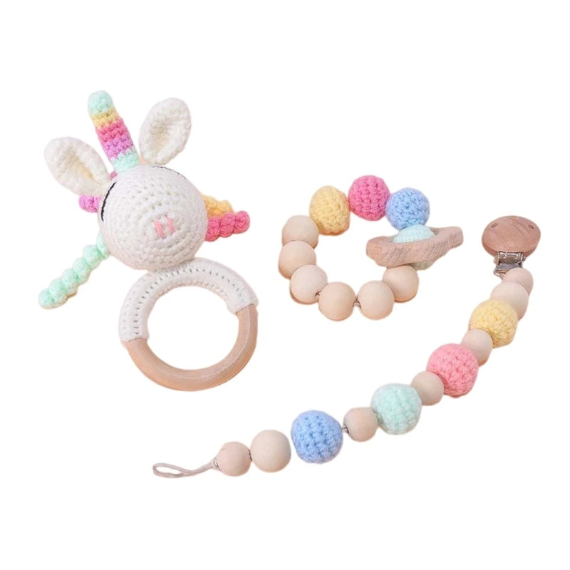 Crochet Koala Pacifier Clip, Handbell Rattle, Teether Doll, Pacifier Chain Clip Set, Cartoon Teething Toy