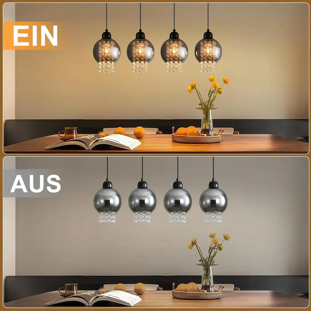 Pendant lamp dining table hanging lamp E27 hanging lamp 4 Flame glass dining room lamp Vintage dining table lamp Smoke gray dining room pendant lamp for living room bedroom kitchen (without illuminant