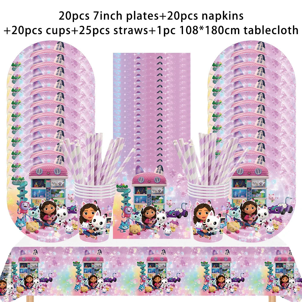 Pink Gabby Dollhouse Birthday Tableware Cat Girls Disposable Plates Cups Napkins Kids Girls Birthday Party Baby Shower Decor