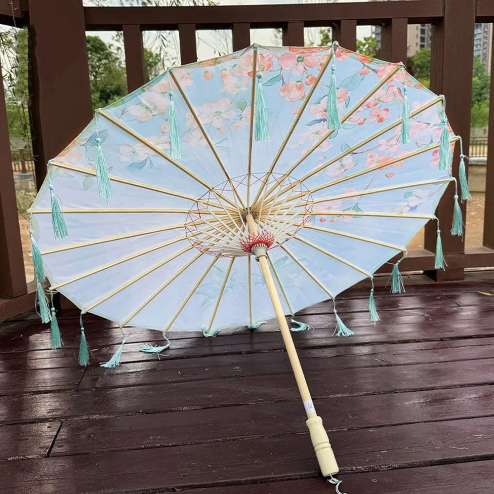 70cm Silk Fabric Tassel Umbrella Handheld Chinese Style Ancient Dance Umbrella Rainproof Decorative Classical Oil Paper Umbrella