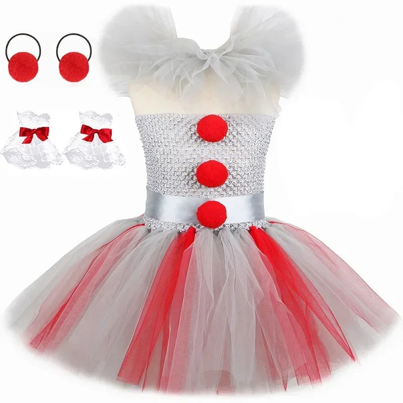 Halloween Pennywise Costume for Kids Creepy Clown Gray Joker Tutu Dress Outfit Girls Fancy Carnival Party Tulle Dress Up Clothes