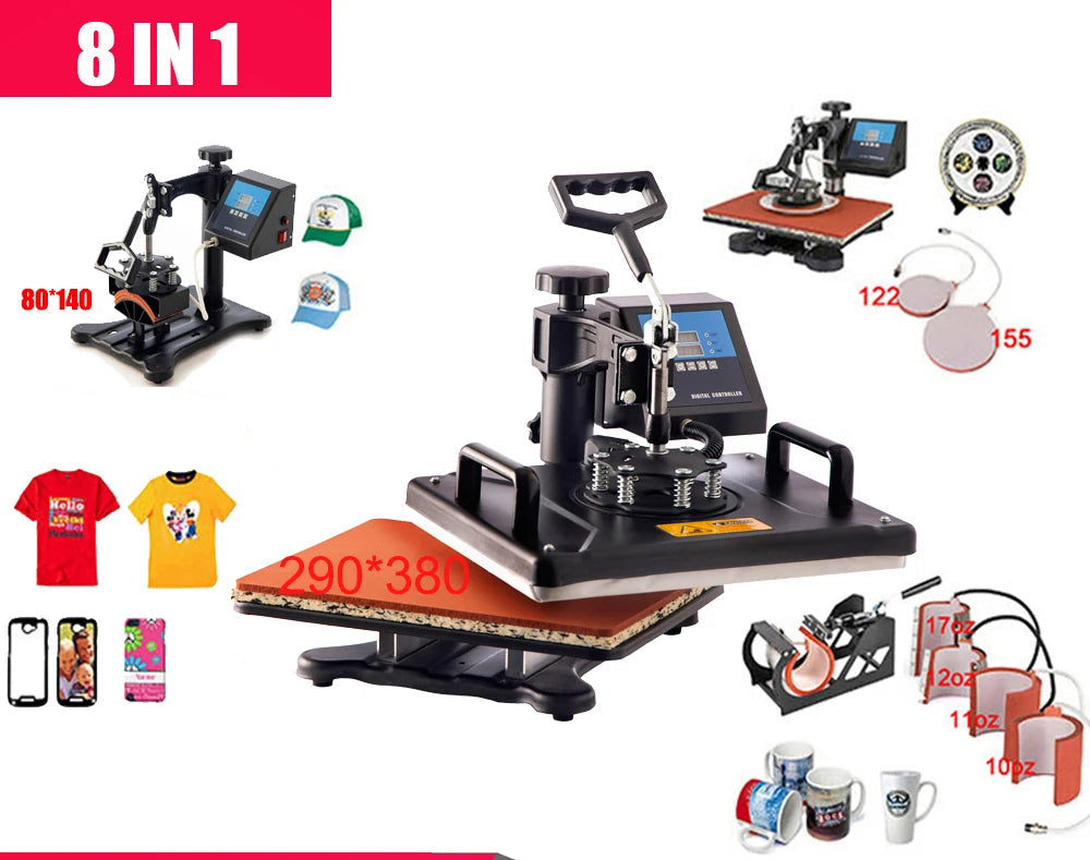 Cheap 30*38CM 8-in-1 Combo Heat Press Machine, Sublimation Printer, 2D Heat Transfer Machine for Caps, Mugs, Plates, and T-shirts, CE Approved