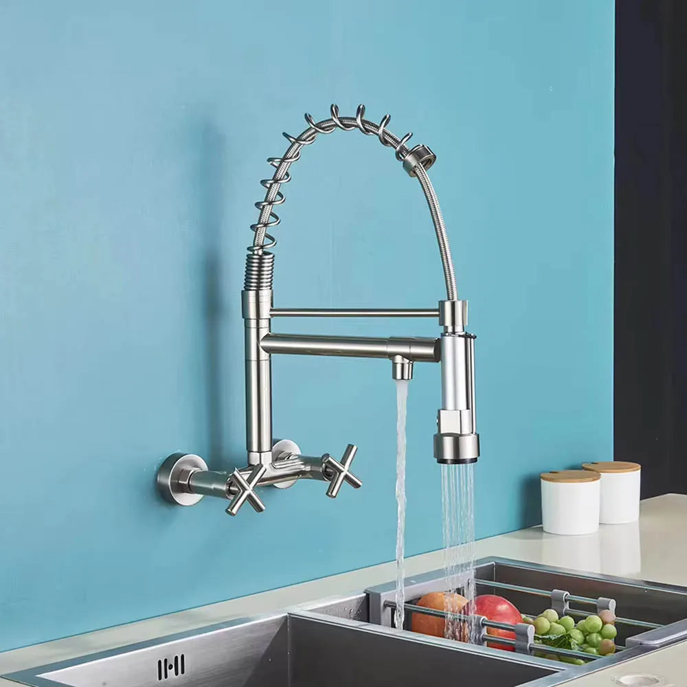 Matte Black Wall Mounted Kitchen Faucet Hot Cold Water Mixer Tap For Kitchen Pull Down Spray 360 Rotation Kitchen Mixer Taps