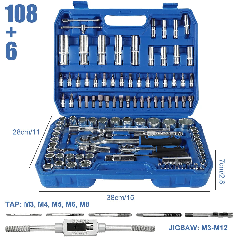 Ratchet Socket Wrench Set 108pcs With Tap and Tap Wrench Car Repair Tool Sets Ratchet Torque Wrench Combo Kit Ratchet Spanner Screwdriver Bits Hand Tool