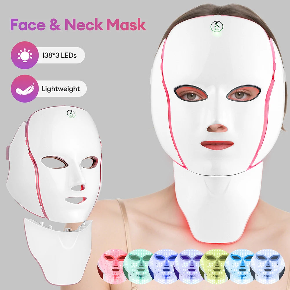 Rechargeable 7 Colors LED Face Neck Photon Mask Red Light Therapy Anti Aging Wrinkle Skin Tightening Lifting Skin Care Mask