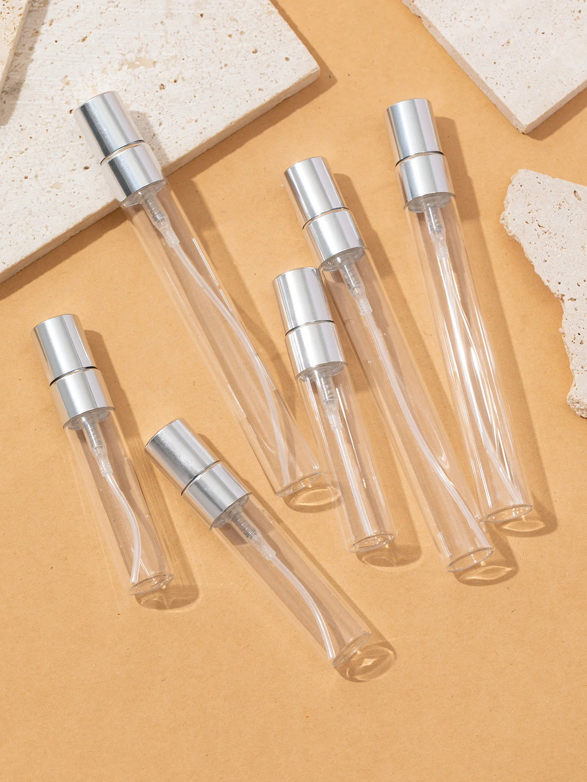 50pcs 5ml10ml Aluminum Half-Cover Spray Head Transparent Glass Perfume Bottle Spray Bottle Mini Travel Size Makeup Tools