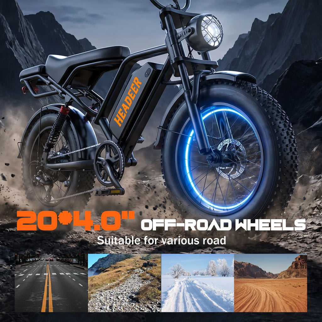 Bicicletta Elettrica HEADEER BK20 con Batteria al Litio 48V20Ah, Autonomia Massima 80Km, Pneumatici Fat da 20 Pollici per Fuoristrada, E-Bike All-Terrain con APP
