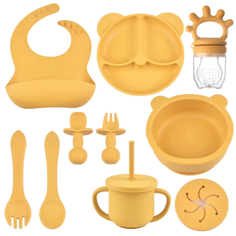 9PCS/Set BPA-Free Silicone Baby Feeding Set: Suction Bowl, Divided Dining Plate, Straw Cup, Spoon, Fork, and Adjustable Bib, Children's Dishware