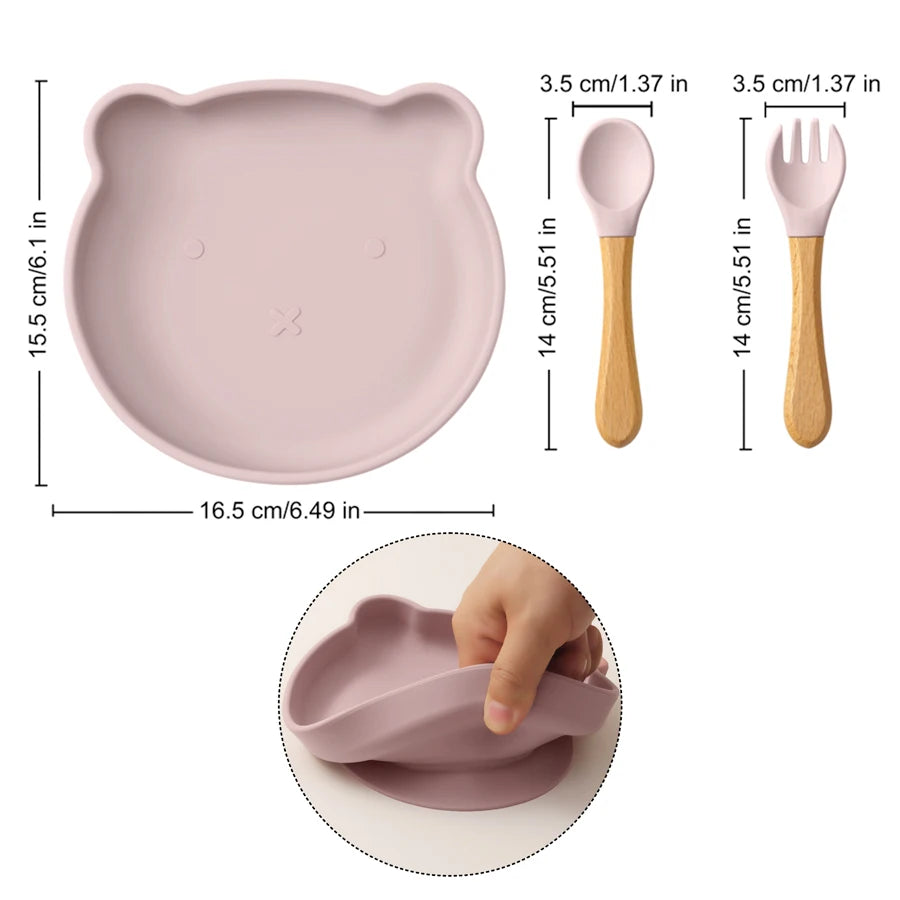 Color Kids 3PCS Cartoon Bear Silicone Feeding Set Sucker Bowl Wooden Handle Spoon Fork BPA Free Infant Self Feeding Gifts