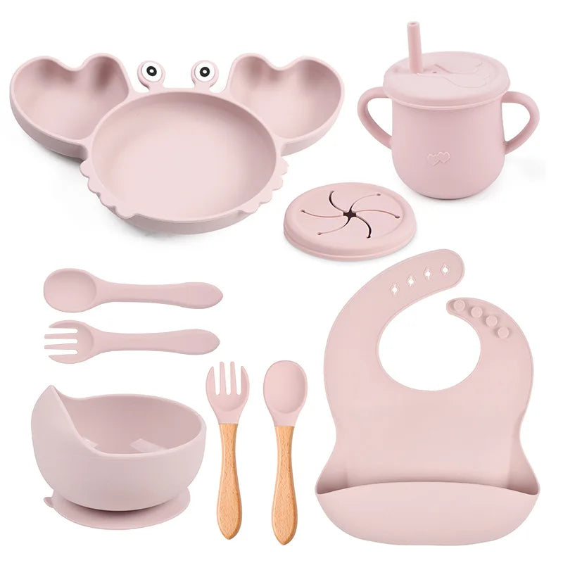 9Pcs Baby Silicone Non-Slip Suction Bowl Plate Spoon Waterproof Bib Cup Set, Baby Crab Dishes, Food Feeding Bowl for Kids, BPA Free