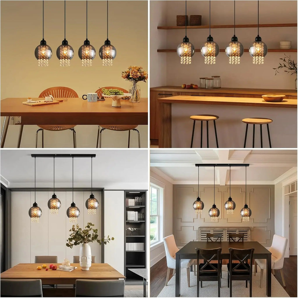 Pendant lamp dining table hanging lamp E27 hanging lamp 4 Flame glass dining room lamp Vintage dining table lamp Smoke gray dining room pendant lamp for living room bedroom kitchen (without illuminant