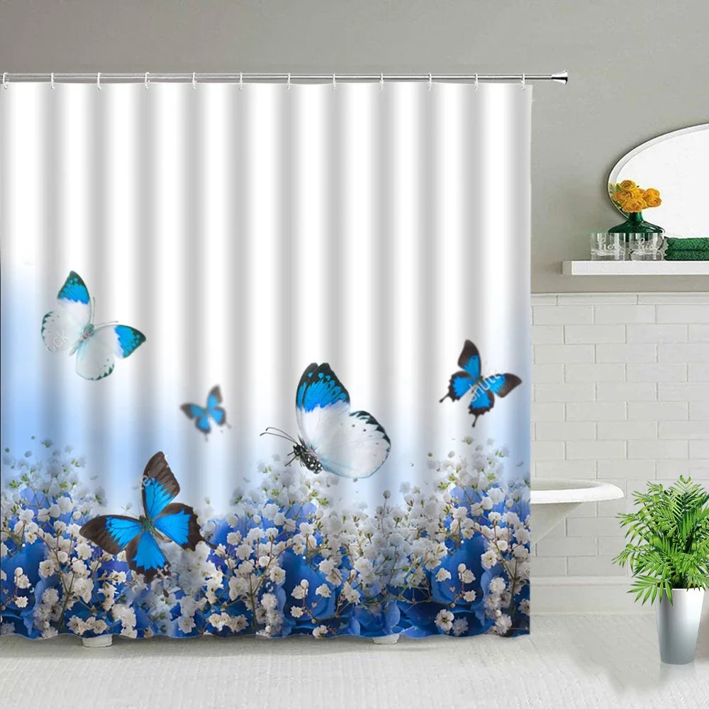 Rose Butterfly White Flower Shower Curtain Floral Print Waterproof Polyester Bathroom Curtain Fabric For Bathtub Decoration