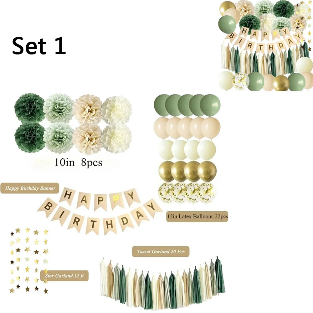 Green Birthday Party Decorations Paper Banner Circle Garland Hanging Swirl Paper Fans Lanterns Gold Balloons for Party Decor