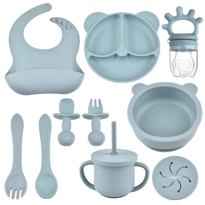 9PCS/Set BPA-Free Silicone Baby Feeding Set: Suction Bowl, Divided Dining Plate, Straw Cup, Spoon, Fork, and Adjustable Bib, Children's Dishware