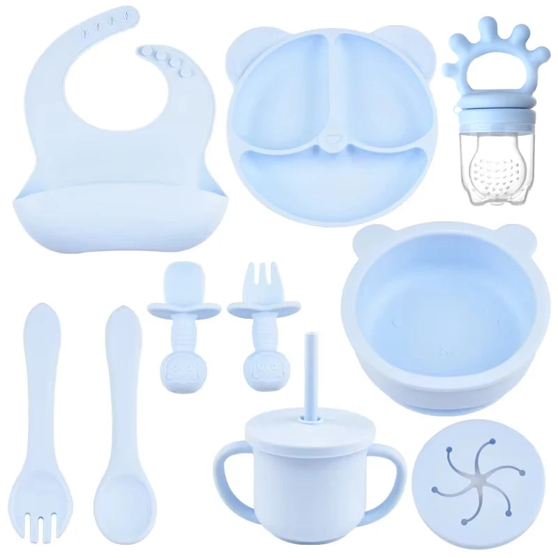 9PCS/Set BPA-Free Silicone Baby Feeding Set: Suction Bowl, Divided Dining Plate, Straw Cup, Spoon, Fork, and Adjustable Bib, Children's Dishware
