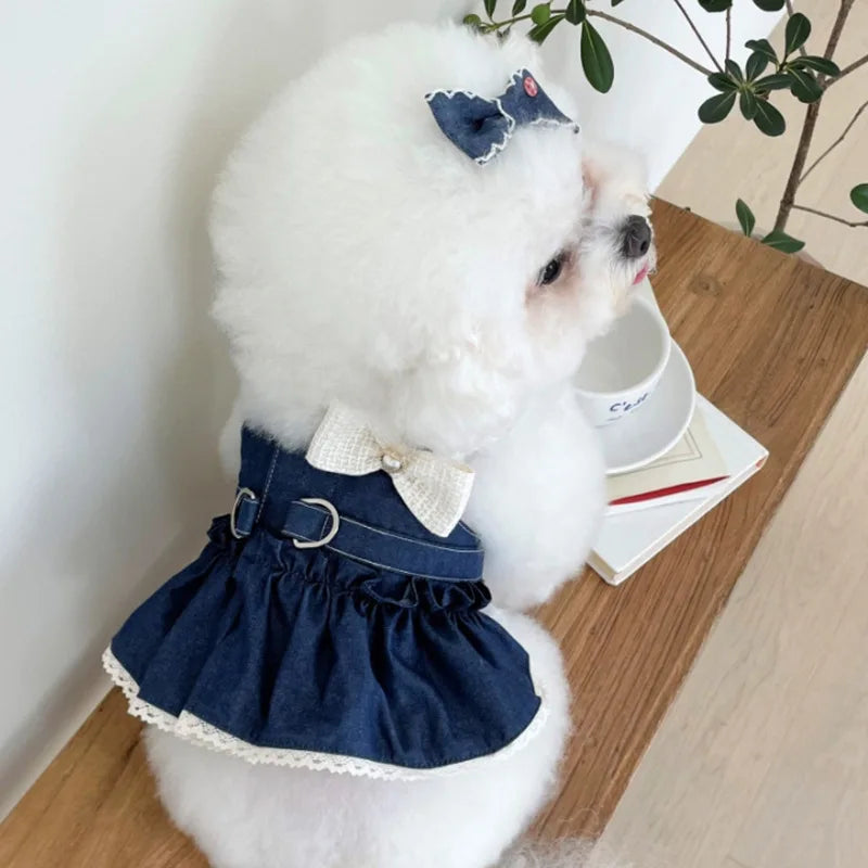 Pet Spring Cat Cowboy Vest Walking Out Chest Back Traction Cute Bow Dress Puppy Clothes Dog Clothes for Small Dogs