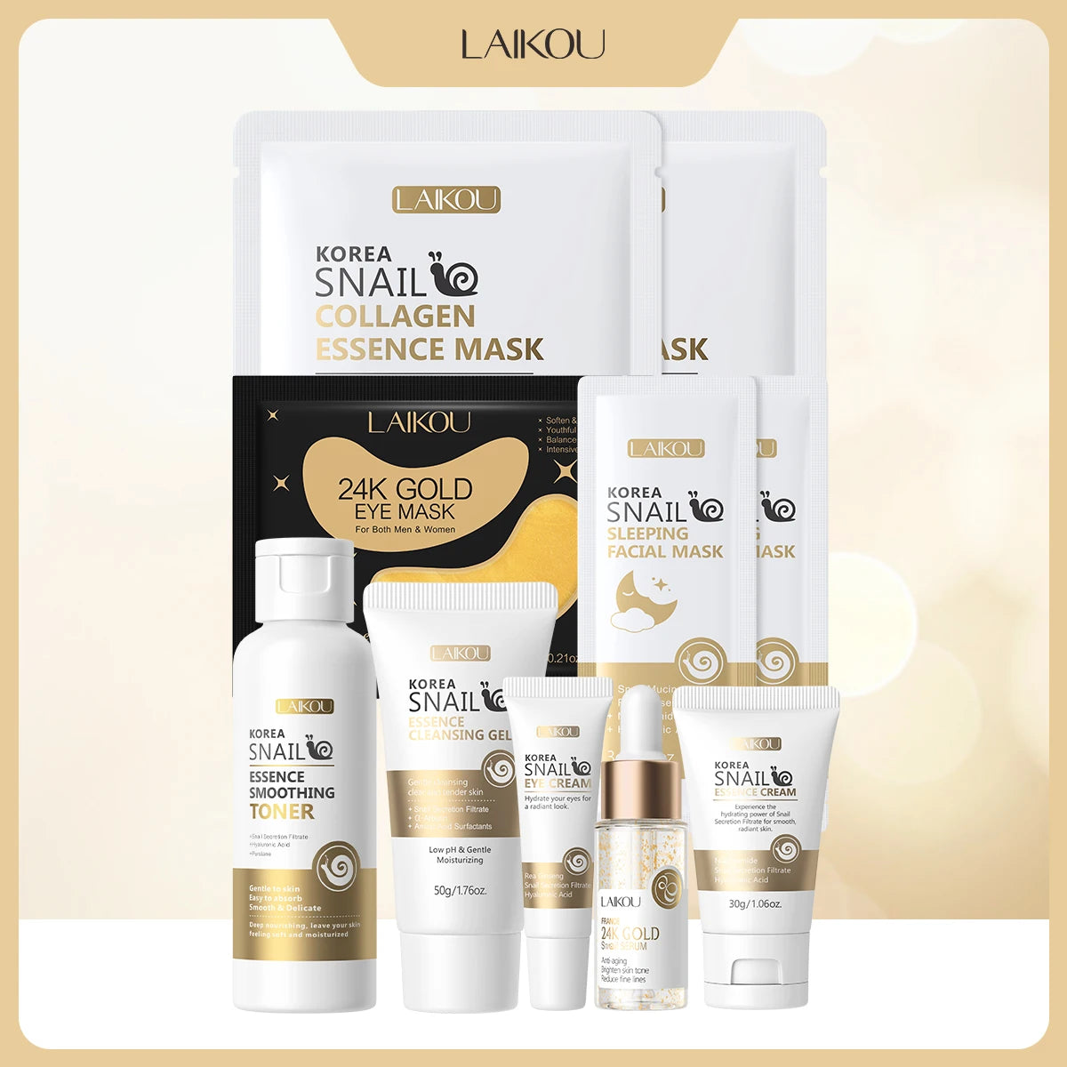 LAIKOU Snail 24K Gold Skincare Kit Snail Secretion Collagen Hyaluronic Acid Niacinamide Firming Brightening Full Face Care Set