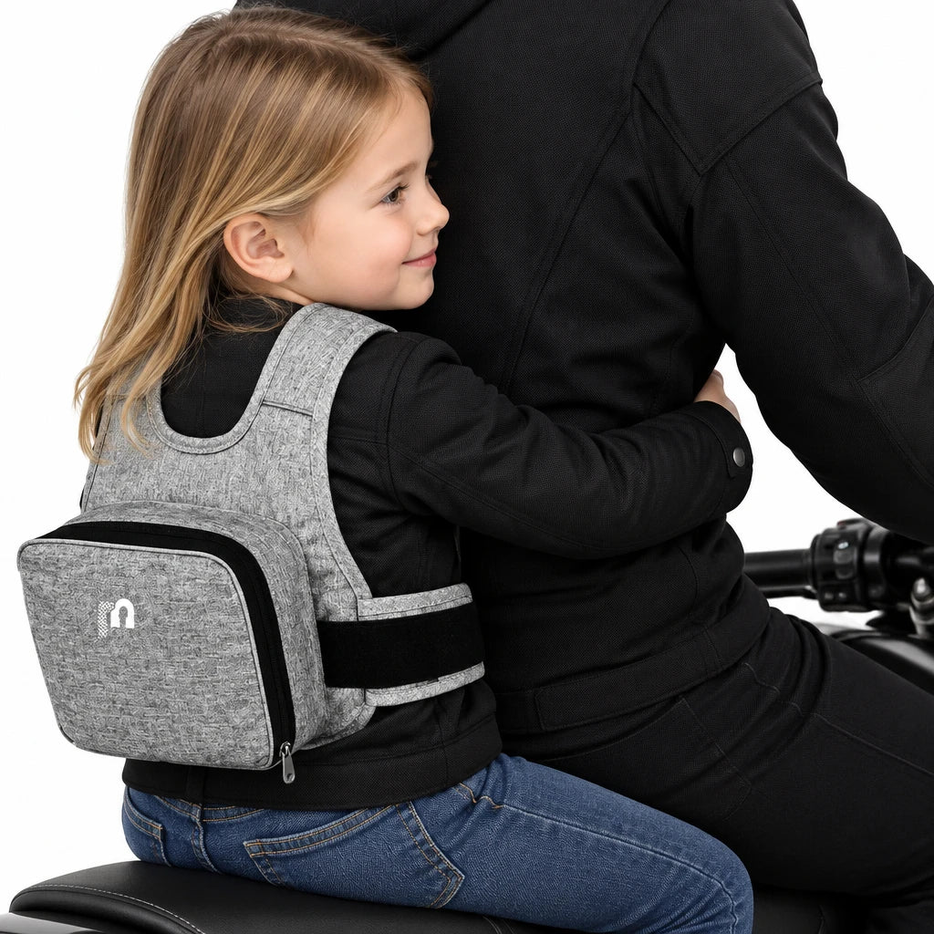 Cintura di sicurezza per moto per bambini con borsa, spallacci regolabili e traspiranti, cintura di sicurezza per sedile moto per bambini