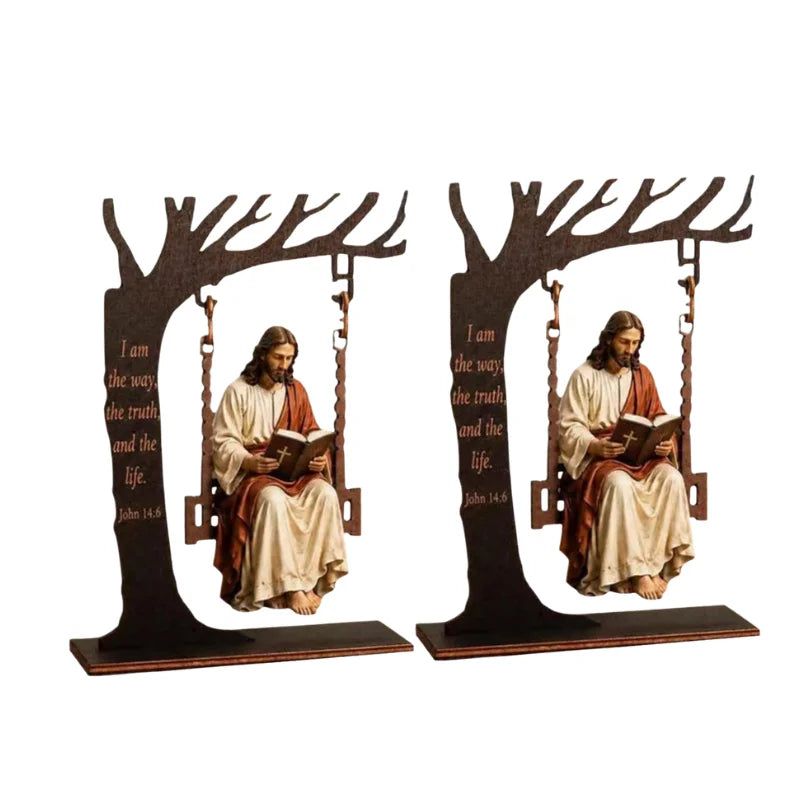 Christian Jesus Swing Tabletop Decoration Wooden Tree Frame With Bible Verse Religious Figurine Faith Home Desktop Ornament