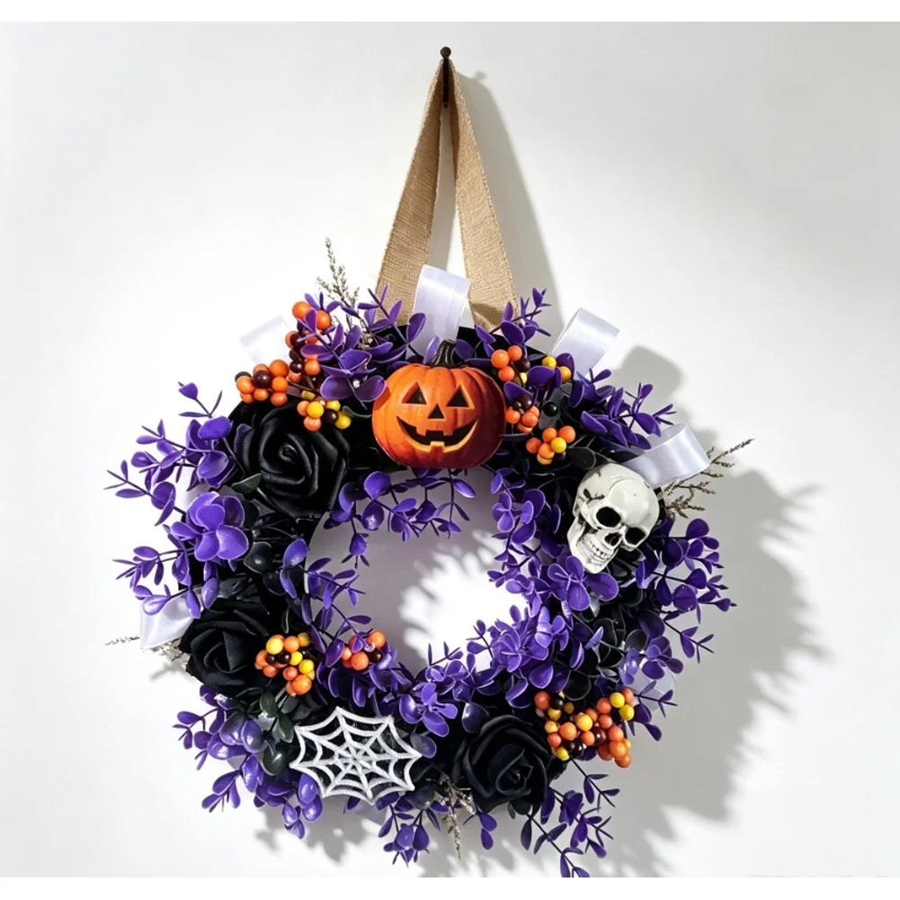 Halloween Themed Party Wall Home Decor Black Purple Artificial Flower Wreath Front Door Indoor Outdoor Hanging Holiday Accessory