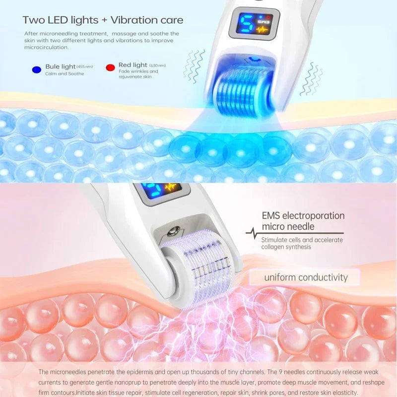 Bio Roller G5 540 Needles EMS Microneedling Derma Roller LED Light Therapy Vibration Microcurrent Facial Device With 2Pcs Heads