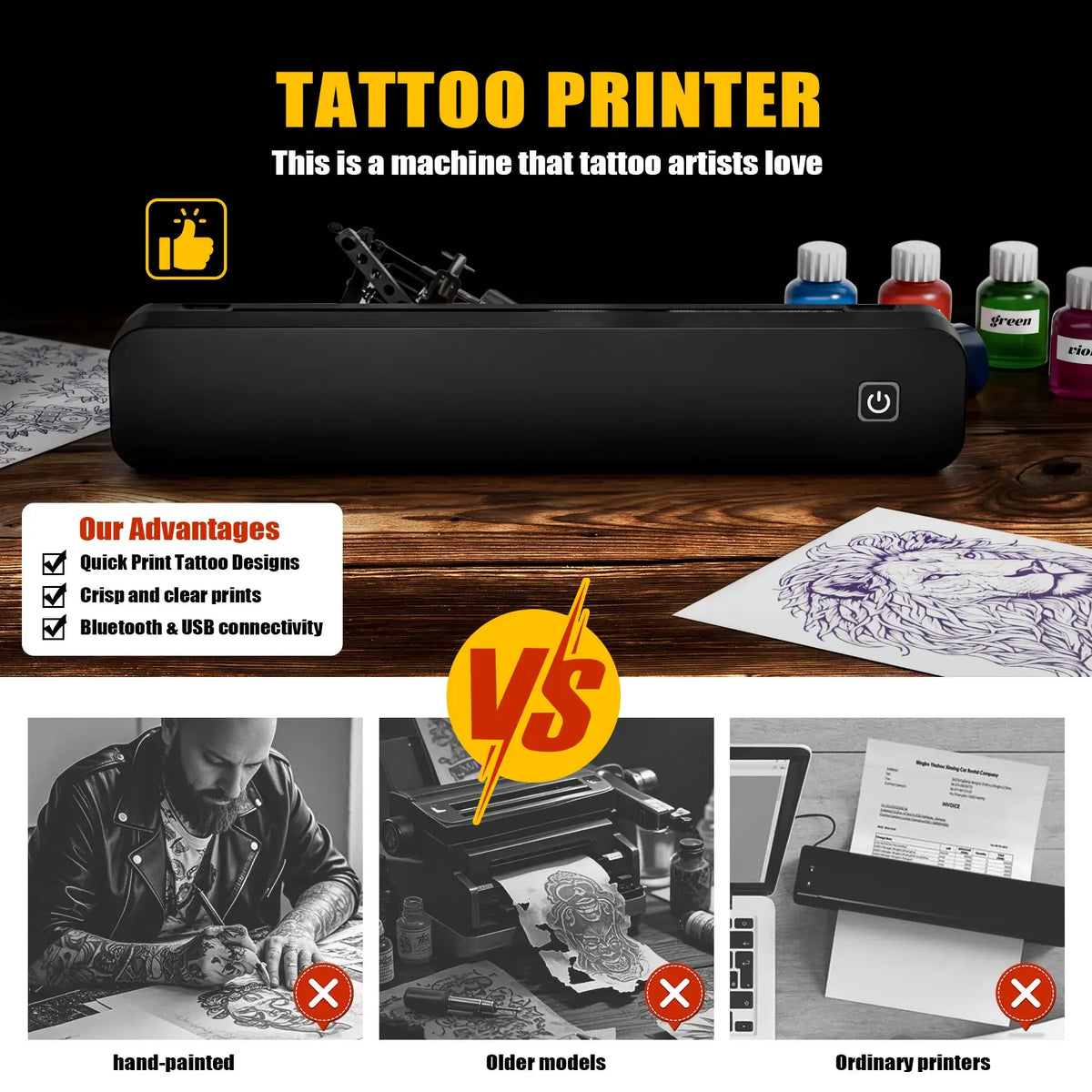 Wireless Portable 8-Inch Thermal Tattoo Printer Includes Transfer Sheets - for Smartphones, PCs, Home, Travel, Office & Creative