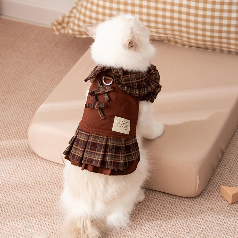 Autumn and Winter Pet Plaid Couple Outfit Thin Dress Hoodie Cat Teddy Jacket Dog Dresses for Small Dogs Puppy Clothes