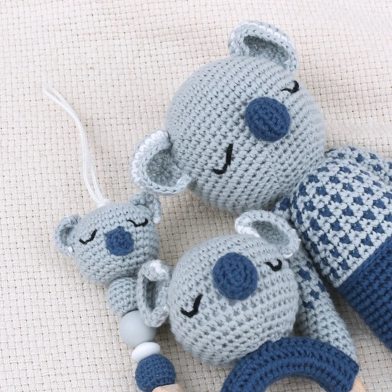 Crochet Koala Pacifier Clip, Handbell Rattle, Teether Doll, Pacifier Chain Clip Set, Cartoon Teething Toy