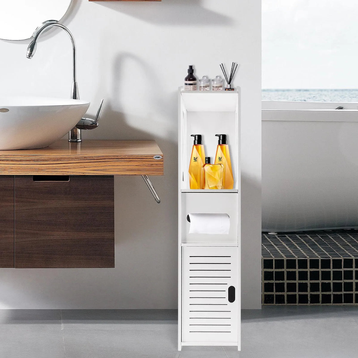 Slim Tall Bathroom Cabinet with Door 80x20x12cm PVC Material Waterproof Easy Install And Clean Storage Solution for Bathrooms