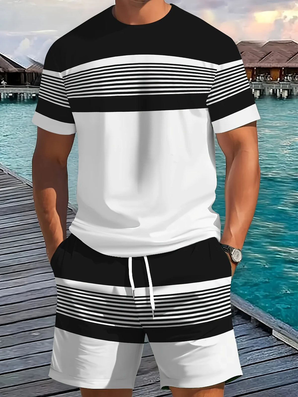 Summer New Arrival Men's Casual Two-Piece Set Striped Print Short-Sleeve Shirt and Athletic Shorts Set Men's Fitness Set