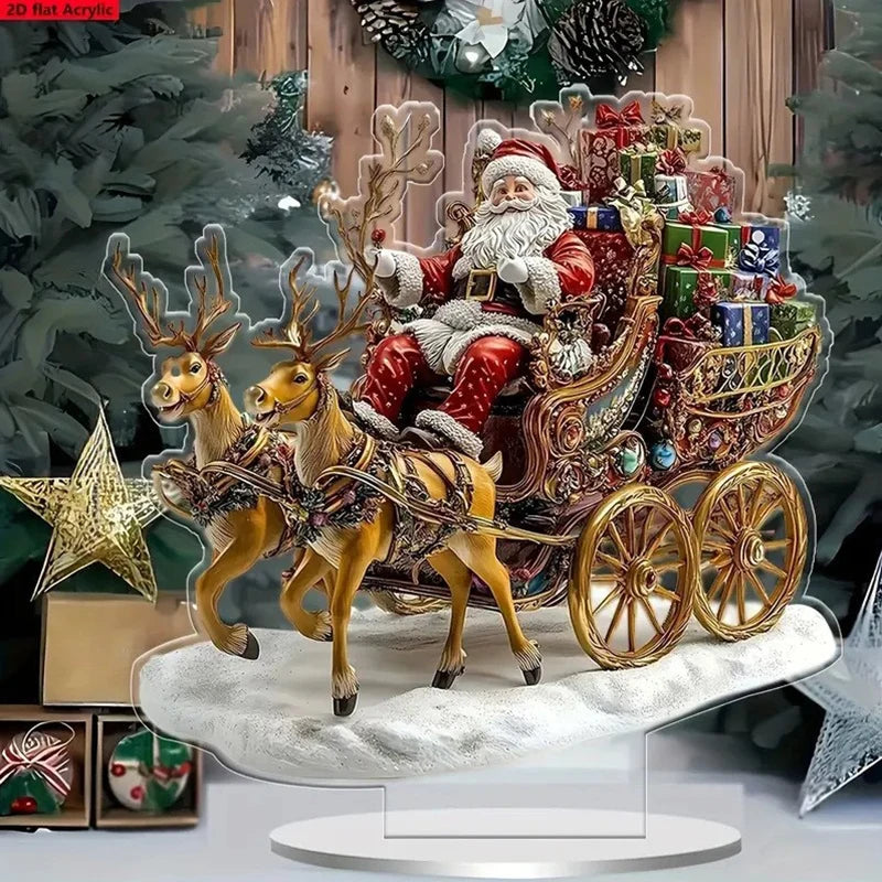 Christmas Xmas Tree Desktop Ornament Santa Claus Reindeer Sled Tabletop Decoration With Base 2D Acrylic Navidad Party Supplies