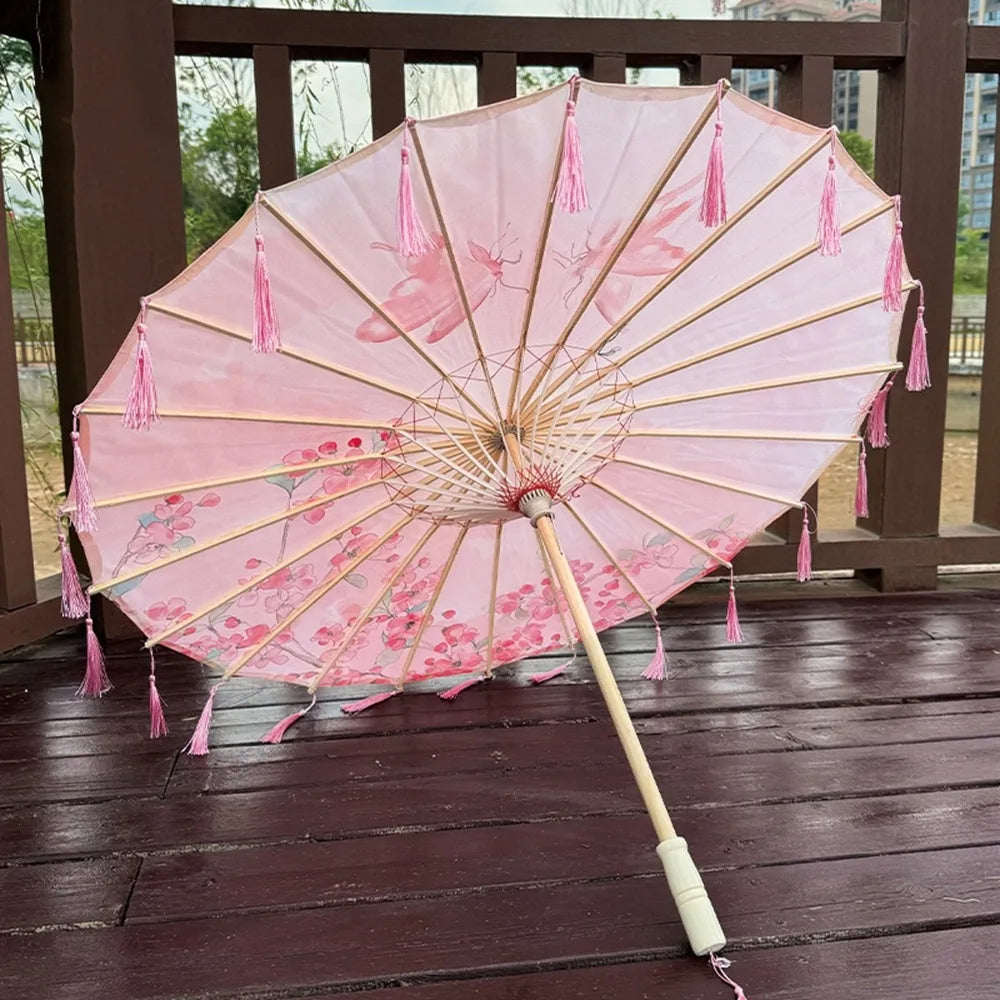 70cm Silk Fabric Tassel Umbrella Handheld Chinese Style Ancient Dance Umbrella Rainproof Decorative Classical Oil Paper Umbrella