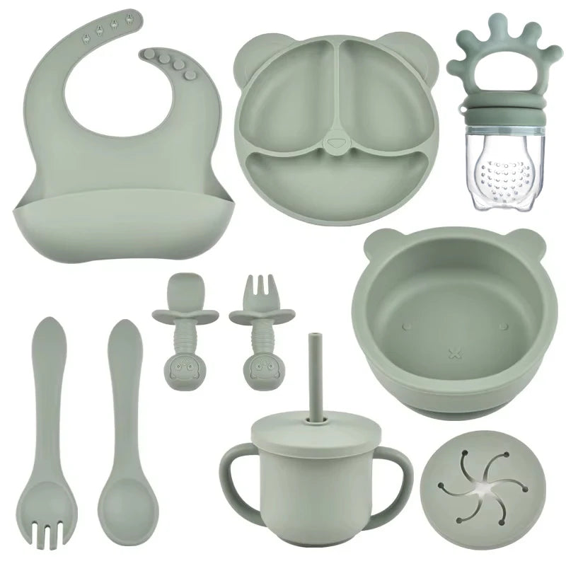 9PCS/Set BPA-Free Silicone Baby Feeding Set: Suction Bowl, Divided Dining Plate, Straw Cup, Spoon, Fork, and Adjustable Bib, Children's Dishware