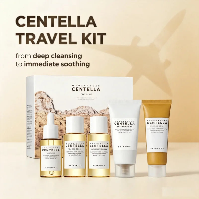 Korean Centella Travel Kit, Toner, Ampoule, Soothing Cream, Cleansing Oil, Ampoule Foam, 5-Piece Basic Daily Skincare Mini Gift Set