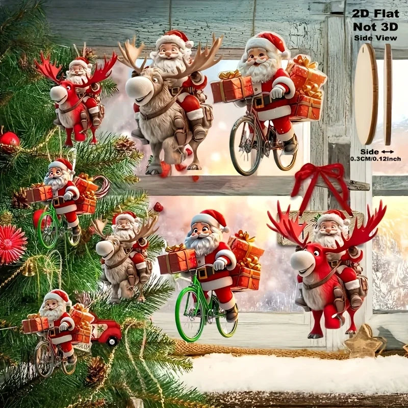 8/16/24Pcs Christmas Wooden Bicycle Santa Claus 2D Flat Wooden Pendant Christmas Tree Decoration Perfect Holiday Gift Decor