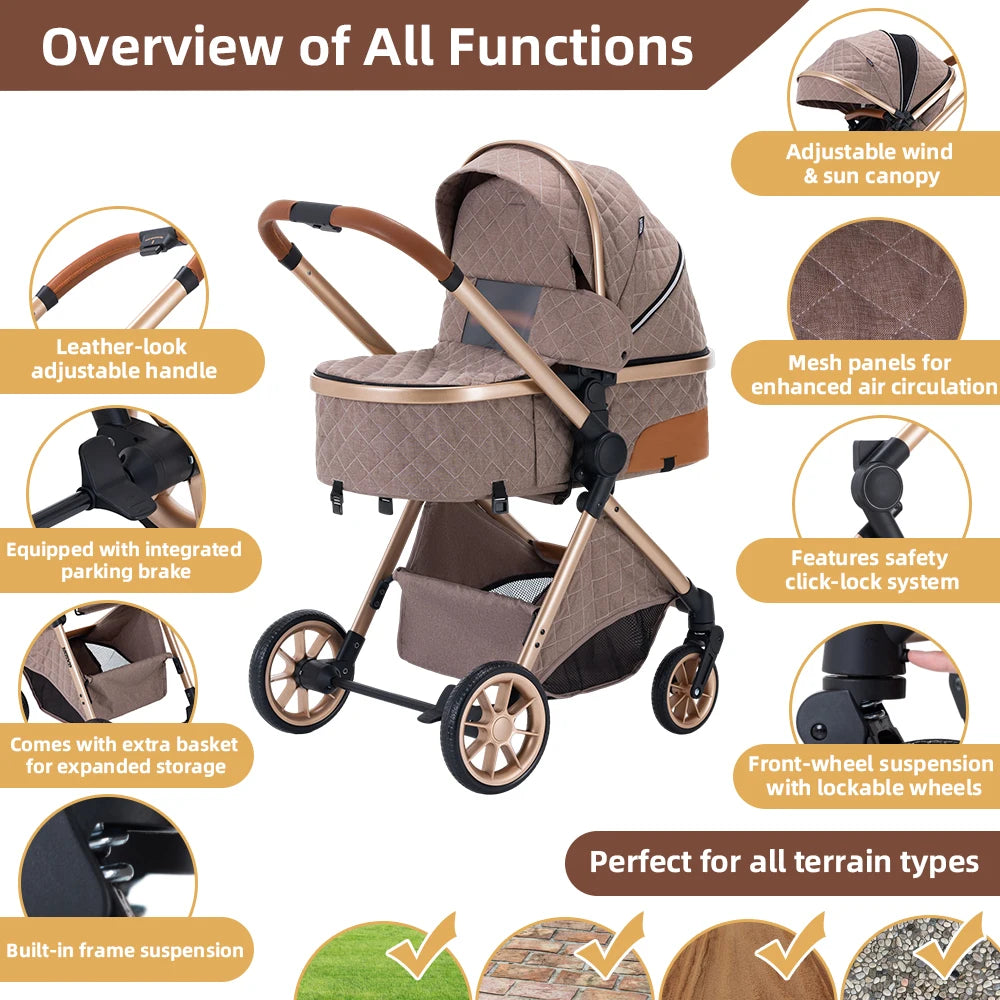 Newest 3 in 1 Baby Stroller Portable Travel Baby Carriage Folding Prams Aluminum Frame High Landscape Car for Newborn Baby