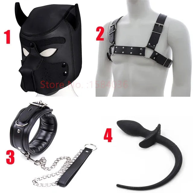 Fashion Puppy Cosplay Dog Mask Head Gear Party PU Leather Rubber Unisex Masks Adjustable Shoulder Strap Leather Chest Harness